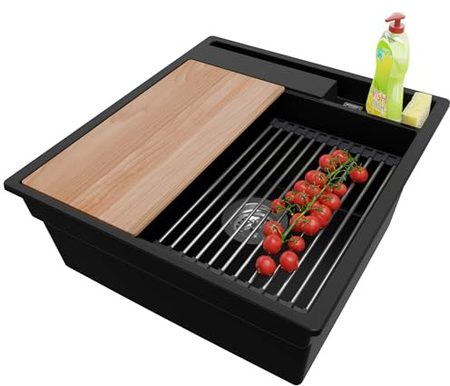 PRIMAGRAN Lavello da Cucina al Mobile 50cm + Kit di scarico, 48x53cm | Set: Kit di scarico (sifone, piletta, troppopieno) + Lavandino in Granito a 1 Vasca - Oslo Pocket, Nero