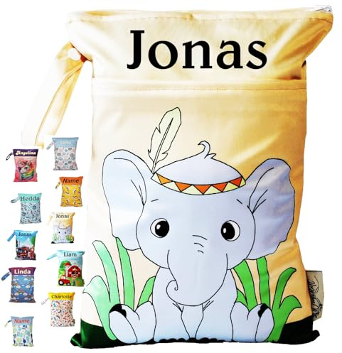 Weidenblatt In Deutschland mit Namen personalisierte Wetbag Nasstasche | mit 2 separaten Fächern, als Windelbeutel, im Kindergarten oder unterwegs (Elefant)