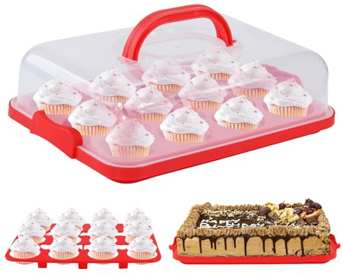Bvwze Cake Carrier with Lid, Cake Holder Cupcake Container for 12 Cupcakes 2 in 1 Portable Dessert Container for Pie Muffin Cobbler (Red)