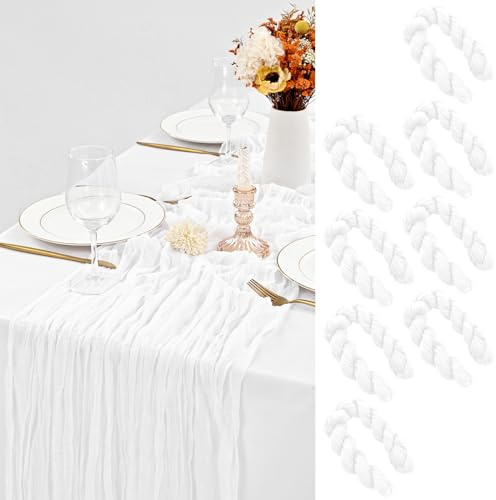 LYAFS 8 Stück Käsetuch Tischläufer Weiß, 90 x 300 cm Weiß Seihtuch Tischläufer Waschbares Gaze-Stoff Boho Tischläufer Cheesecloth Tischdekor für Hochzeit Brautparty Empfang Festival im Freien Dekor