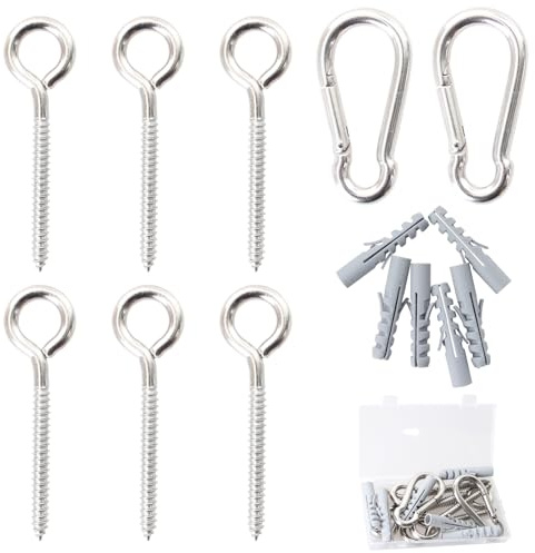 304 Edelstahl 115 mm Schraubösen Satz und 80 mm Karabinerhaken, 6 Stück Ösenschrauben und 2 Stück Karabiner, Ringschraube Satz für Innen und Außen