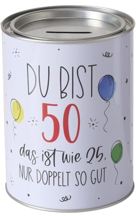 ReWu Spardose Sparschwein mit Schriftzug Du bist 50, das ist wie 25, Nur doppelt so gut! - Deckel abnehmbar - Metall Sparbüchse Geldgeschenk Geschenkidee Geldspardose Metallspardose 14 x 10 cm