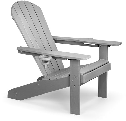 VonHaus Grey Adirondack Chair - Reclining Slatted Style Garden Chair with Cup & Phone Holders - Durable Weather Resistant HDPE Plastic Outdoor Armchair for Patio & Decking - Westport