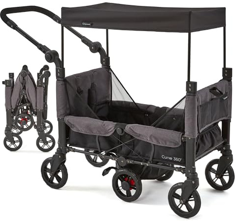 Contours Curve 360 Lightweight Double Baby Stroller Wagon for 2 Kids, Fits Infant Car Seats, Ultra Maneuverable, Easy in and Out for Toddlers with Deep Footwell, Storage Pockets and Adjustable Handle