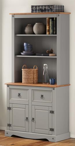 Corona Buffet Hutch Welsh Dresser Small Grey Wax Solid Wood Pine Wooden Painted Sideboard Display Cabinet Unit Kitchen Dining Room Living Room Shabby Chic Mexican Style 176cm High 87cm Wide 40cm Deep