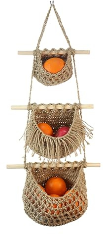 Janasiba Corbeille à fruits murale tressée pour fruits et légumes dans la cuisine Panier de rangement à 3 niveaux avec tissage robuste et facile à utiliser A