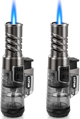 Jet Flame Lighter 2 Pack Windproof Butane Torch Lighter Refillable With Big Visible Gas Tank for BBQ, Candles, Camping, Hiking, Outdoors, Gifts for Men Dad Him (Nickel) (Without Butane)