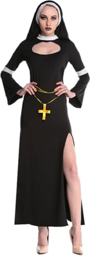 Sexy Kleid Halloween Karneval Cosplay Missionar Kostüm Erwachsene Frauen Sexy Religiöse Schwester Priester Nonne Fancy Dress Lange Roben,Schwarz,M