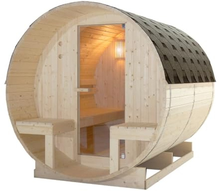 SANOTECHNIK Sauna de barril BERGEN para 4 – 6 personas 194,8 × 220 × 191,5 cm, horno Harvia 8 kW, madera de abeto, cristal templado – Número de referencia F70220