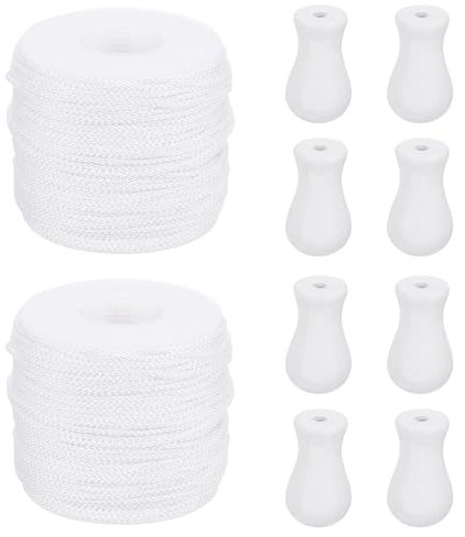 sourcing map 2 Roll Braided Lift Shade Cord, 1.8 mm 55 Yards/Roll Nylon Cord String with 8Pcs Wood Blind Pull Cord Knobs for Roman Blind Shade Rollers Repair Curtain Craft DIY (White)