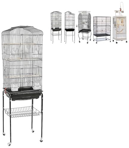 XUANYU Großer Vogelkäfig auf Fuß, robust, Voliere, Vogelkäfig auf Rollen, 2 Etagen, mit Halterung, Zuchtkäfig für Vögel, Innen/Außen (schwarz, 46 x 35,3 x 105,6 cm)