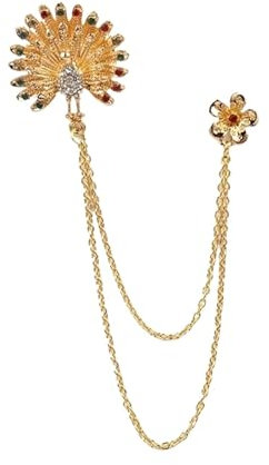 AHUFGN Brosche mit Ketten Retro Anzug Metall Brosche Schmuck Vintage Tier Pfau Quaste Revers Pin Doppel-Schicht Kette Männer Zubehör(Gold)