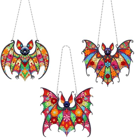 3 Pcs Bat Diamond Art Painting Suncatcher Window Hanger Ornaments DIY Kits 5D Diamond Art Bat Sun Catcher Halloween Hanging Decorations Special Rhinestone Painting Home Office Wall Garden Yard Decor