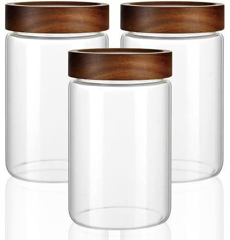 INCETUE Vorratsgläser mit Deckel Luftdicht 3er Set, 850ml Kleine Vorratsdosen Glas mit Spiral-Holzdeckel für Müsli, Tee, Kaffeebohnen, Pasta, Nudeln, Mehl, Overnight Oat, Küche Aufbewahrung Glas
