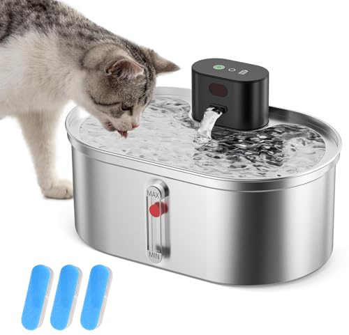 3,5L Katzenbrunnen Edelstahl, Katzenbrunnen Kabellos mit Bewegungsmelder, mit Extrem Leiser Pumpe 25dB, 5000mAh Ultralange Akkulaufzeit von 60–90 Tagen, mit 3 Filter, Für Katze und Kleinhunde