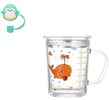 Banzimiao Tasse à lait avec Paille, Tasse de Lait Verre Transparent avec Paille Tasse de Lait Résistant à la Chaleur pour café, jus de fruits, thé glacé Baleine orange,350ml (B)