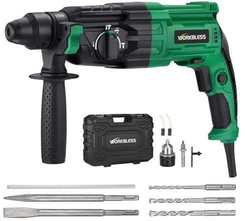 WorkBless 1 Inch SDS-Plus Rotary Hammer Drill, 8Amp, 3.0J 4 Functions Variable Speed Hammer Drill with Safety Clutch for Concrete Demolition Chipping,3 Drill Bits, 2 Chisels, 1 Adapter