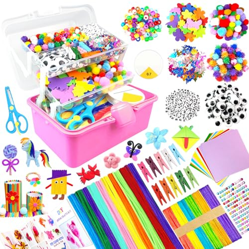 BNUZEIYI Lavoretti Creativi per Bambini DIY Art Craft Set Scatola Lavoretti Bambini a 3 Strati Scovolini Materiali per Scuola Regali Giochi Creativi Ragazzo Ragazza 4-8, 8-12 Anni, Rosso