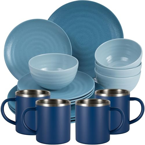 Melamin Geschirr Set Blau Edelstahl Thermo Tassen Tonoptik Picknick Camping