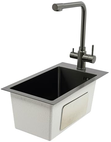 Mermajestic Fregadero pequeño con grifo, fregadero individual de acero inoxidable, fregadero negro con escurridor, 49,9 x 28 cm, moderno fregadero compacto para caravanas pequeñas