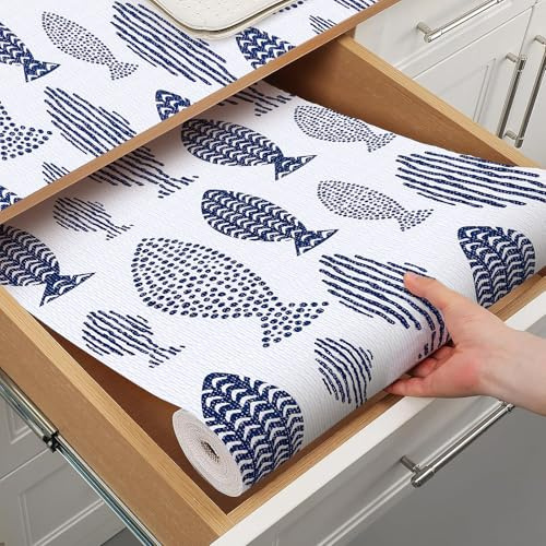 Terravue Blue Shelf Liner for Kitchen Cabinets Non Adhesive Drawer Liners Non Slip Cupboard Liner Strong Grip Waterproof Kitchen Cabinet Liners Easy to Clean Blue Dresser Shelves Paper 15.7IN x 10FT