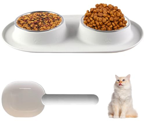 Foderskål kattset, matskål och vattenskål för katt och hund, dubbelt skålset med silikonmatta och sked, halkfria kattskålar, rostfritt stål-set för katter och små hundar