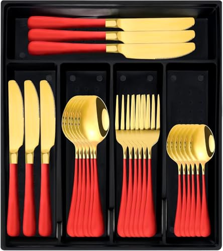 24-Piece Flatware Set with Organizer,Heavy Duty Stainless Steel Silverware for 6,Pink Cutlery Utensil Sets with Antiskid Handle，Rust-Proof Stainless Steel Cutlery, Mirror Polished (Red Gold)