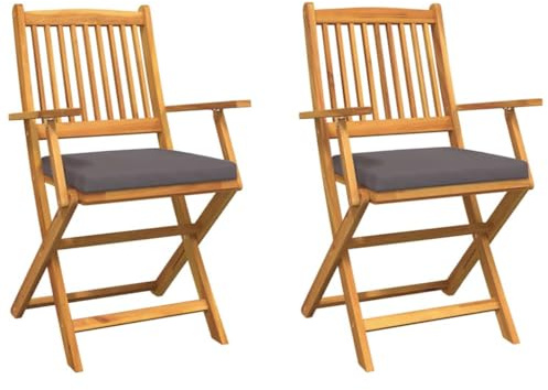 Mokuyary Fällstol med kuddar, set om 2, brunt, massivt trä, akacia, balkongstol, terrassstolar, matstolar för terrass, trädgård, balkong – A