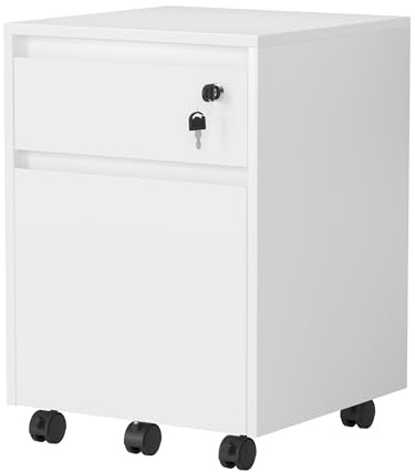 YOUDENOVA Schedario da Ufficio con 2 Cassetti e Serratura, Cassettiera Sotto Scrivania con 5 Ruote, Armadietto per Documenti A4 e Cartelle Sospese, 40x40x57 CM, Bianco
