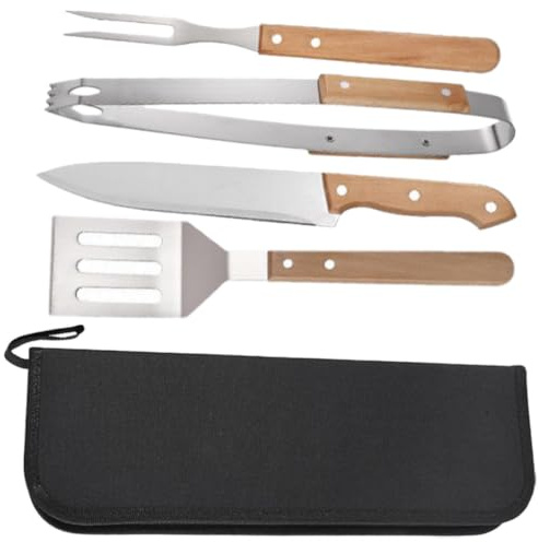 Lurrose Set D'outils de Barbecue Multifonction en Acier Inoxydable et Bois Fourchette à Griller, Pince Légère et Spatule Portable pour Barbecue Extérieur et Teppanyaki