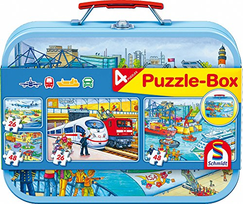 Schmidt Spiele 56508 Verkehrsmittel, 4 Kinderpuzzle im Metallkoffer, 2x26 und 2x48 Teile