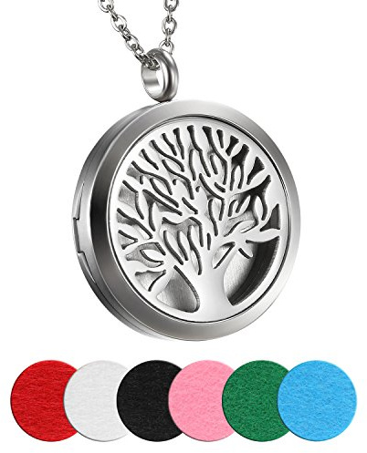 Cupimatch Kvinnor män aromaterapi diffuser hänge med halsband, rostfritt stål ängel locket medaljong hänge 45 cm halsband med 6 kuddar, silver, Rostfritt stål, utan sten