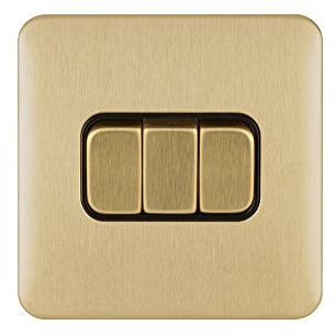 Schneider Electric, schraubenlose Lisse-Abdeckung, 3-Gang-2-Wege-Lichtschalter, 10 AX, GGBL1032BSB, satiniertes Messing mit schwarzem Einsatz