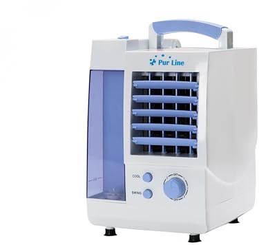 PUR LINE | Climatizador Evaporativo Muy Bajo Consumo 3 Velocidades, Panel Celulosa, Oscilación Automática y Depósito 1L – Portátil y Silencioso Uso Personal