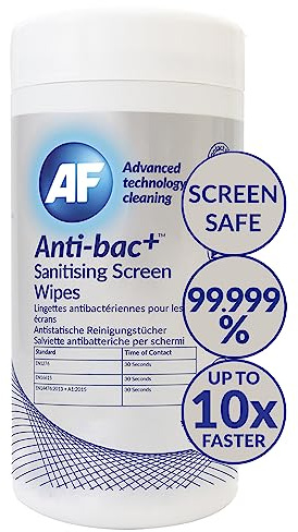 AF Antibacterial Screen Cleaning Wipes – Professional Strong & upto 10x faster – EN1276 EN16615 and EN14476:2013 + A1:2015 approved For schools/offices/business for Phones Tablets Laptops Monitors