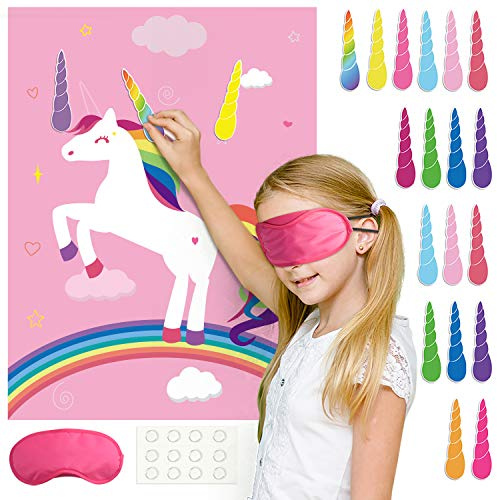 FEPITO Pin The Horn auf dem Einhorn Geburtstagsfeier Spiel, 24 Hörner, für Einhorn Partybedarf, Kinder Einhorn Geburtstags Party Zubehör