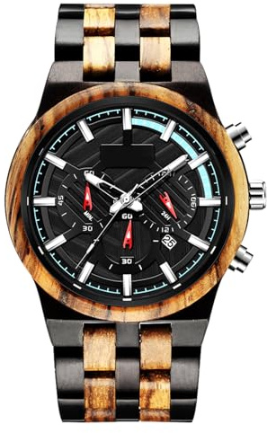 RORIOS Herren-Holzuhr, leuchtende Uhren, analog, Quarzuhr, Multifunktions-Armbanduhren, Naturholzuhren für Herren, Schwarz, Armband