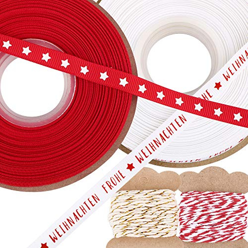 BHGT 56.4M 4 Rolle Weihnachten Geschenkband auf Deutsch Weihnachtsbänder Schleifenband Dekoband Stoffband Frohe Weihnachten Bänder für DIY Basteln Handwerk Baumwollschnur Rot Weiß
