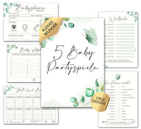cozy racoon Babyshower Spiele Set, 6 Babyparty-Spiele für je 12 Spieler zum Ausfüllen für Jungen und Mädchen I Persönliches Geschenk für Schwangere - Design Eukalyptus
