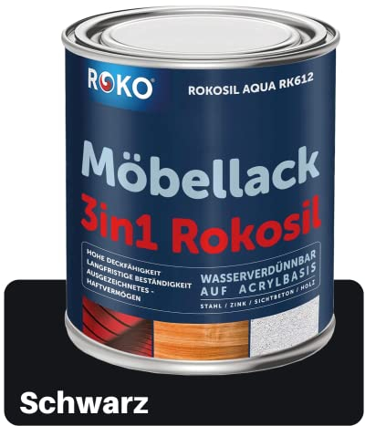 ROKO Möbellack - 0,7 Kg Schwarz - 3in1 Möbelfarbe auf Wasserbasis - Seidenmatt - Für Holz, Metall & Kunststoff