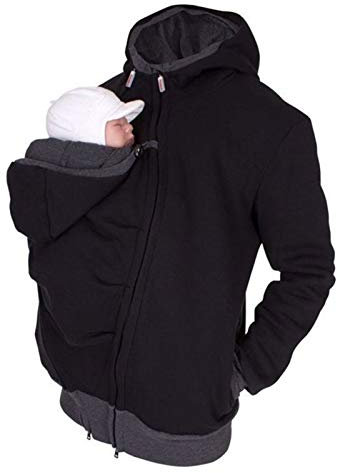 DNJKH Tragejacke, Multifunktion Umstandsjacke Känguru Mama Jacke Polar Fleece Sweatjacke,Schwarz,XXL