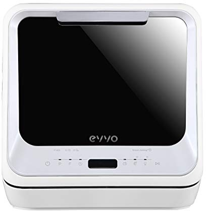 EVVO Lavavajillas Tamaño Pequeño, Compacto y Sin Instalación, Para Sobremesa o Encimera, 2 Servicios, 6 Pogramas, Secado Extra, Programa ECO, Programa Autolavado, Inicio Diferido, Mini D Trip (Blanco)