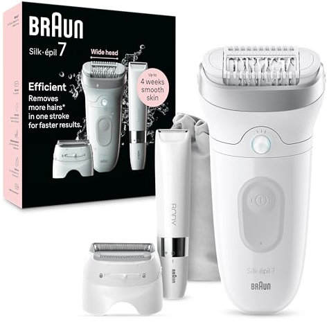 Braun Silk-épil 7, Epilator with Wide Head for Easy Hair Removal, Wet & Dry, Lasting Smooth Skin, with Lady Shaver Head & Trimmer Comb, Body Mini Shaver, 7-441, White/Silver