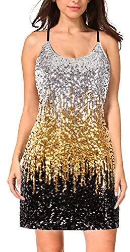 MANER Dam glitter paljettklänning justerbar spagettirem gnistrande festklänningar, Silver/guld/svart, L