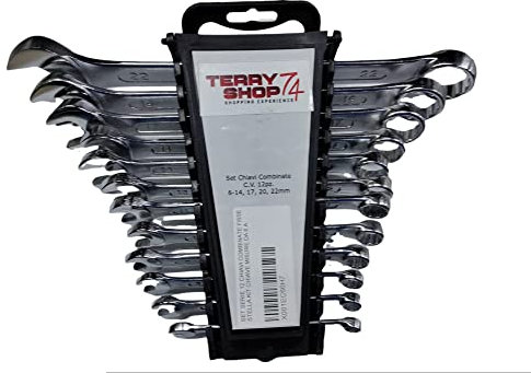 Terryshop74 Set 12 Chiavi Combinate Cromo Vanadio – Finitura Cromata, Misure 6-22mm, Standard DIN 3113 – Supporto Incluso