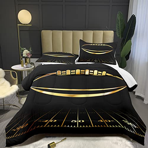 Bodhi Black and Gold Football Comforter Set Full for Boys Kids Sport Comforter Football Bedding Set American Football Comforter with Pillowcase,Soft Football Quilt,Full Size