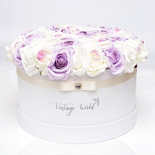Vintage World Infinity München Handgemachte Rosenbox, 50 Rosen, Geschenkidee, lange haltbar, lila-weiß-halbviolett