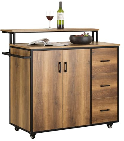 SoBuy Küchenwagen mit Arbeitsplatte & 4 Rollen (2 mit Bremse), 113x106x69cm | Kücheninsel mit 2 Türen, 3 Schubladen, variablem Boden & Aufsatzablage, 75 kg Tragkraft, PB/Metall, Küche & Büro, KNL02-PF