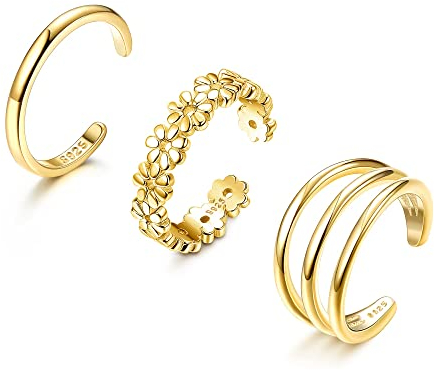 Milacolato 925 Silber Zehenring für Damen Mädchen Verstellbar Hypoallergen Gänseblümchen 3-reihig Zehe Ring Gold Offen Manschette Platinierung Zehenringe Sommer Strand Barfuß Sandalen Fußschmuck 3Pcs