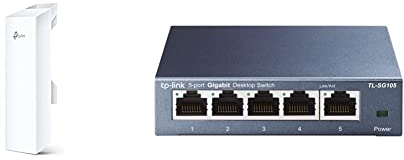 TP-Link Pharos Serie CPE510 Outdoor WLAN Access Point weiß & TL-SG105 5-Ports Gigabit Netzwerk Switch (bis 2000 MBit/s im Vollduplexmodus, geschirmte RJ-45 Ports, IGMP-Snooping) blau metallic